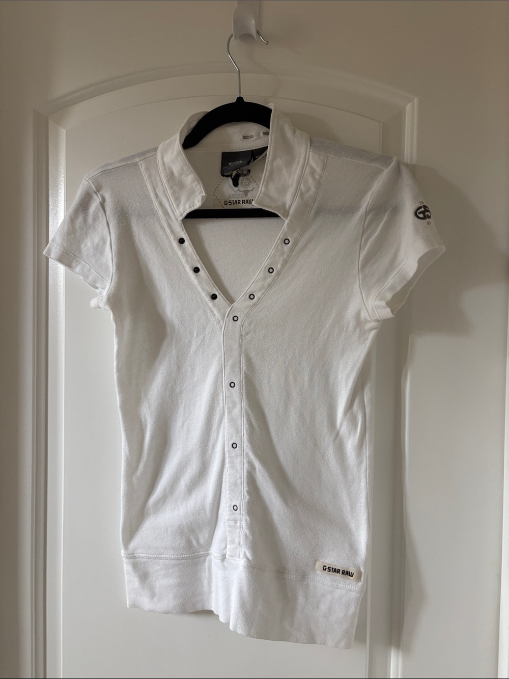 G-Star White Short Sleeve Polo with Snap V-Neck